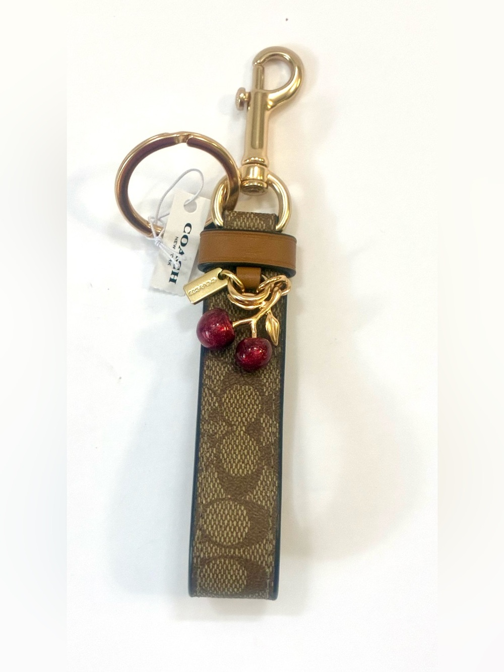 Coach Signature Trigger Snap Charm Loop Keychain Bag Charm With Dangling Cherry